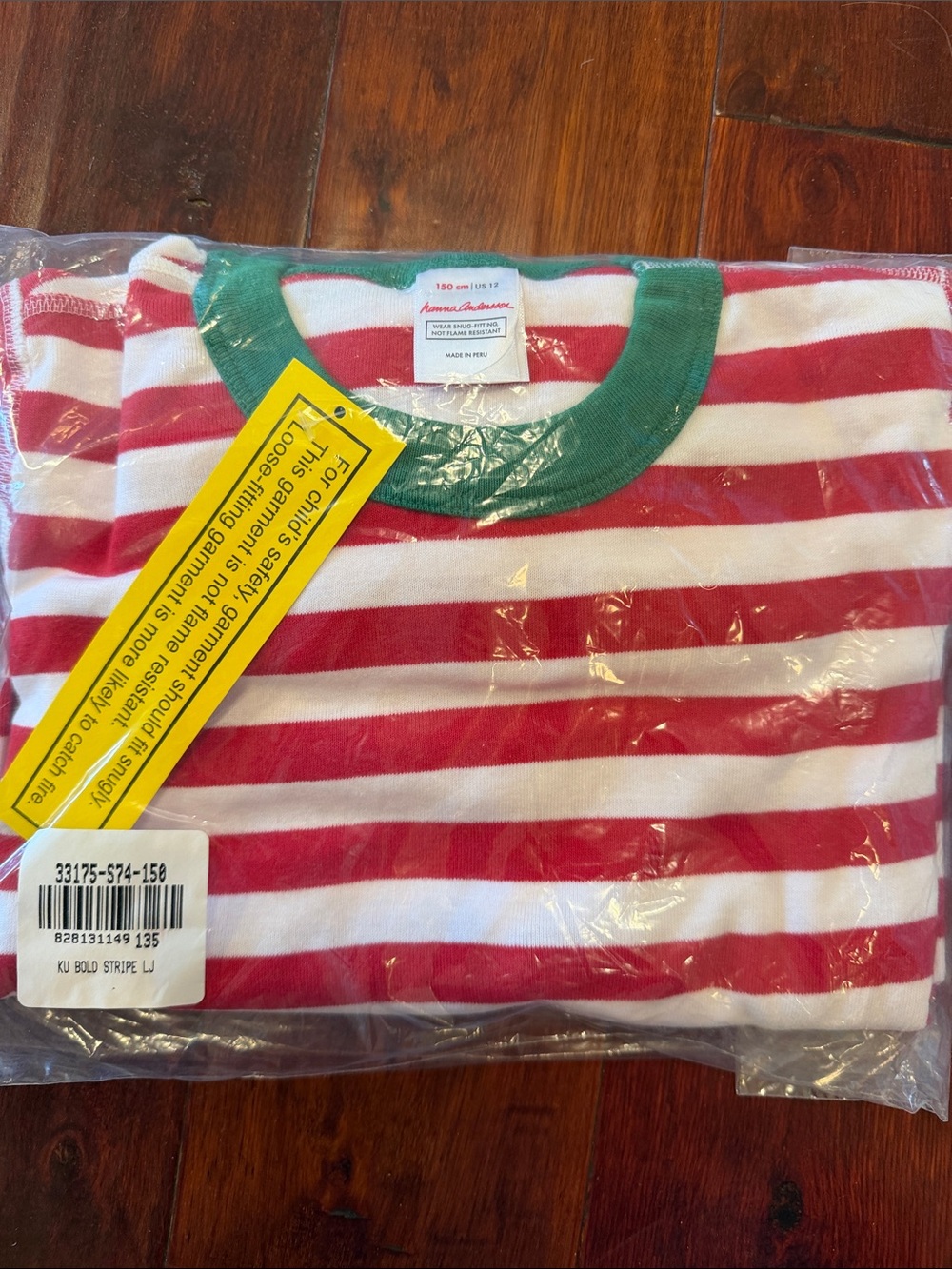 Hanna Andersson Red & White Stripe Pajama Top with Green Neckline size 12 NWT